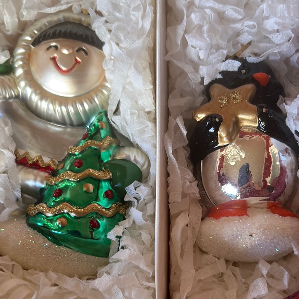 1998 Hallmark Frosty Friends Blown Glass Festive Snowman and Penguin Ornaments